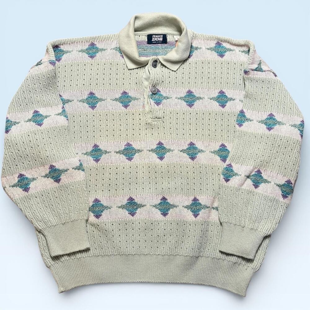 Vintage Franco Ziche Sweater Mens Medium Gray Argyle Knit Polo Made In Italy 90s